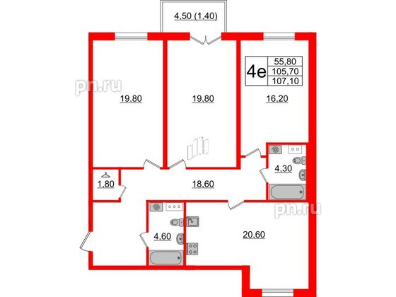 Квартира в ЖК Upoint на Пискарёвском, 3 комнатная, 107.1 м², 3 этаж