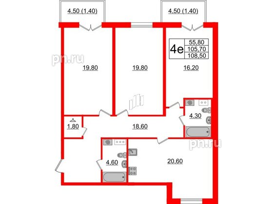 Квартира в ЖК Upoint на Пискарёвском, 3 комнатная, 108.5 м², 4 этаж