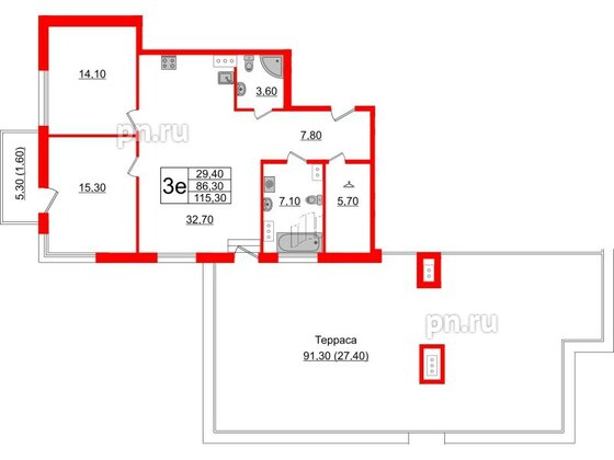 Квартира в ЖК Upoint на Пискарёвском, 2 комнатная, 115.3 м², 8 этаж