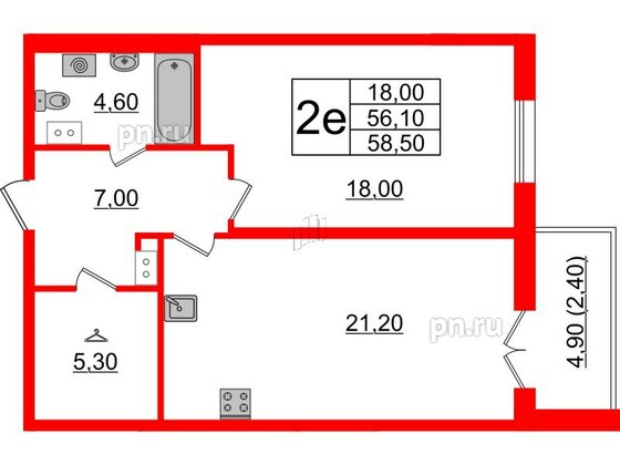 Квартира в ЖК Upoint на Пискарёвском, 1 комнатная, 58.5 м², 4 этаж