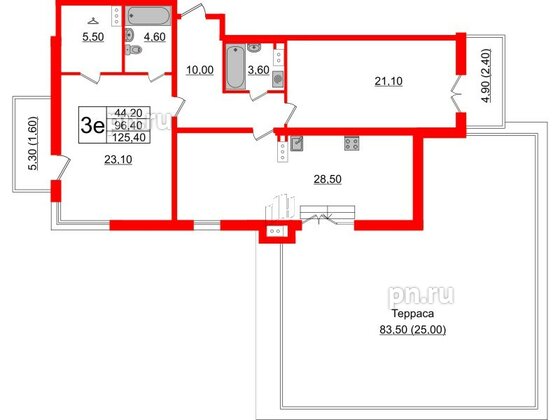 Квартира в ЖК Upoint на Пискарёвском, 2 комнатная, 125.4 м², 7 этаж