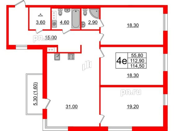 Квартира в ЖК Upoint на Пискарёвском, 3 комнатная, 114.5 м², 2 этаж