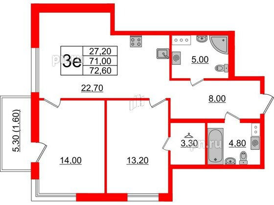 Квартира в ЖК Upoint на Пискарёвском, 2 комнатная, 72.6 м², 4 этаж