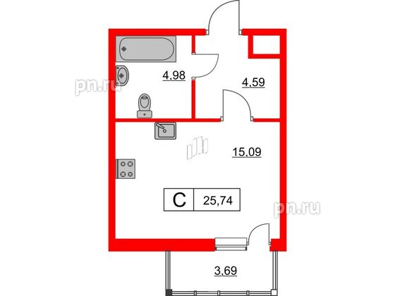 Квартира в ЖК Расцветай в Янино, студия, 25.74 м², 3 этаж