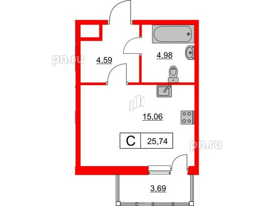 Квартира в ЖК Расцветай в Янино, студия, 25.74 м², 3 этаж