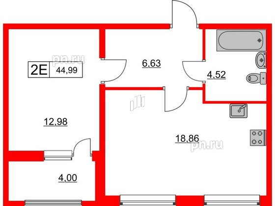 Квартира в ЖК Расцветай в Янино, 1 комнатная, 44.99 м², 6 этаж