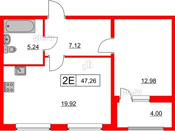 Квартира в ЖК Расцветай в Янино, 1 комнатная, 47.26 м², 2 этаж