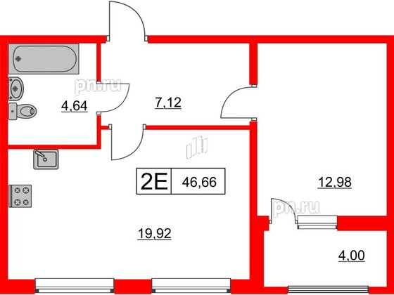 Квартира в ЖК Расцветай в Янино, 1 комнатная, 46.66 м², 3 этаж