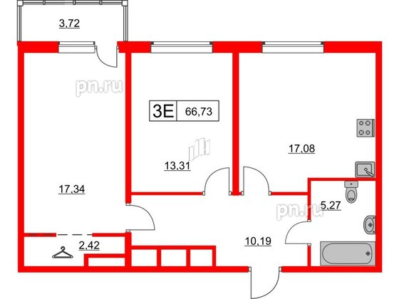 Квартира в ЖК Расцветай в Янино, 2 комнатная, 66.73 м², 2 этаж