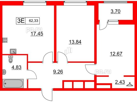 Квартира в ЖК Расцветай в Янино, 2 комнатная, 62.33 м², 6 этаж