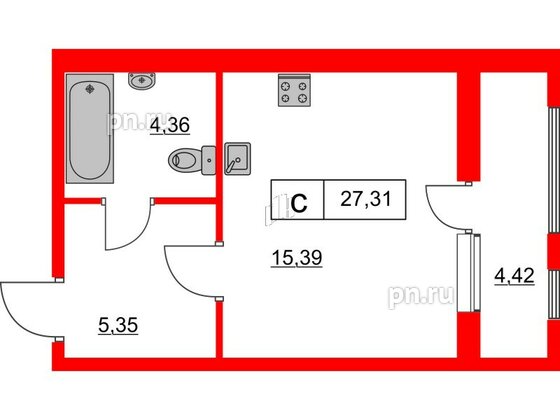 Квартира в ЖК Расцветай в Янино, студия, 27.31 м², 2 этаж