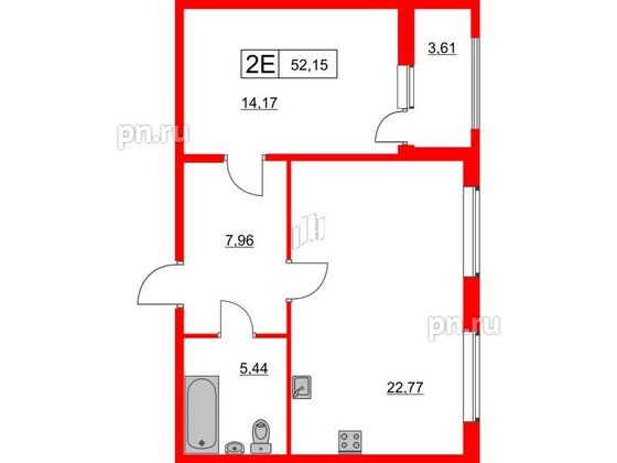 Квартира в ЖК Расцветай в Янино, 1 комнатная, 52.15 м², 2 этаж