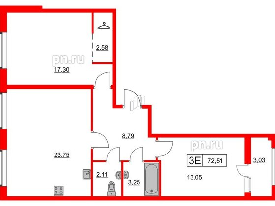 Квартира в ЖК Расцветай в Янино, 2 комнатная, 72.51 м², 11 этаж