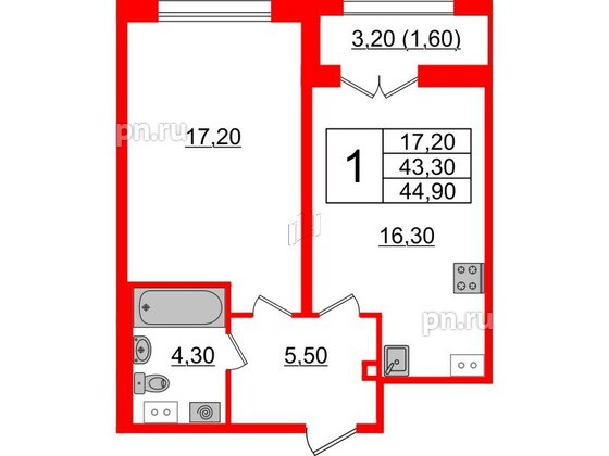 Квартира в ЖК Upoint на Пискарёвском, 1 комнатная, 44.9 м², 3 этаж