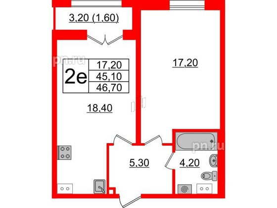 Квартира в ЖК Upoint на Пискарёвском, 1 комнатная, 46.7 м², 3 этаж