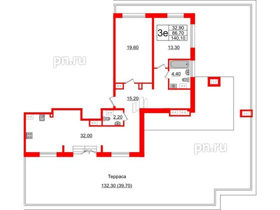 Квартира в ЖК Upoint на Пискарёвском, 2 комнатная, 140.1 м², 9 этаж