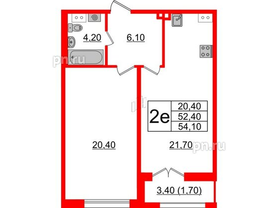 Квартира в ЖК Upoint на Пискарёвском, 1 комнатная, 54.1 м², 2 этаж