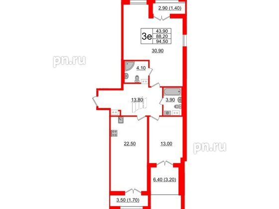 Квартира в ЖК Upoint на Пискарёвском, 2 комнатная, 94.5 м², 4 этаж