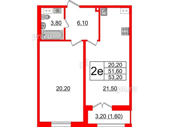 Квартира в ЖК Upoint на Пискарёвском, 1 комнатная, 53.2 м², 3 этаж