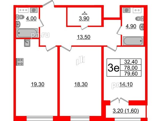 Квартира в ЖК Upoint на Пискарёвском, 2 комнатная, 79.6 м², 5 этаж