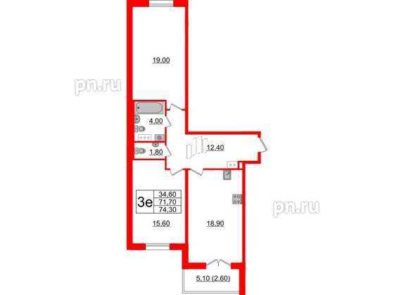 Квартира в ЖК Upoint на Пискарёвском, 2 комнатная, 74.3 м², 3 этаж