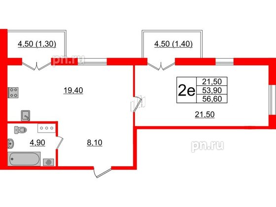 Квартира в ЖК Upoint на Пискарёвском, 1 комнатная, 56.6 м², 4 этаж