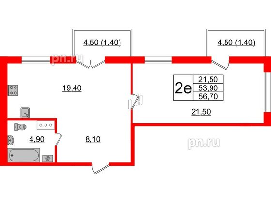 Квартира в ЖК Upoint на Пискарёвском, 1 комнатная, 56.7 м², 5 этаж