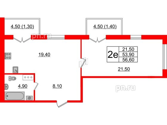 Квартира в ЖК Upoint на Пискарёвском, 1 комнатная, 56.6 м², 6 этаж