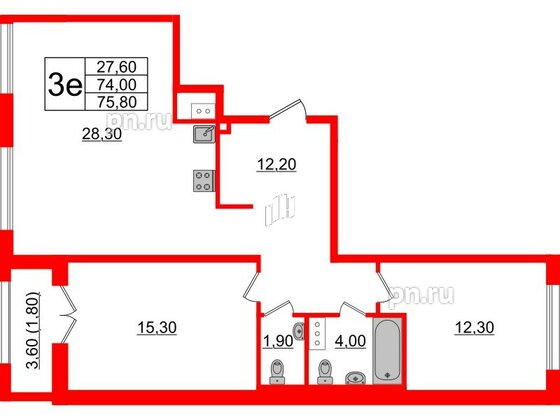 Квартира в ЖК Upoint на Пискарёвском, 2 комнатная, 75.8 м², 2 этаж