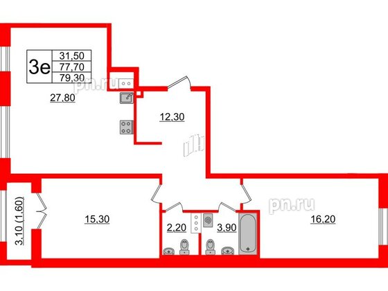 Квартира в ЖК Upoint на Пискарёвском, 2 комнатная, 79.3 м², 5 этаж