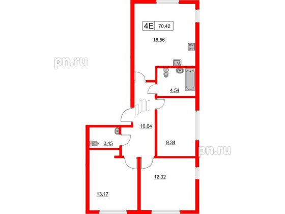 Квартира в ЖК Расцветай в Янино, 3 комнатная, 70.42 м², 1 этаж