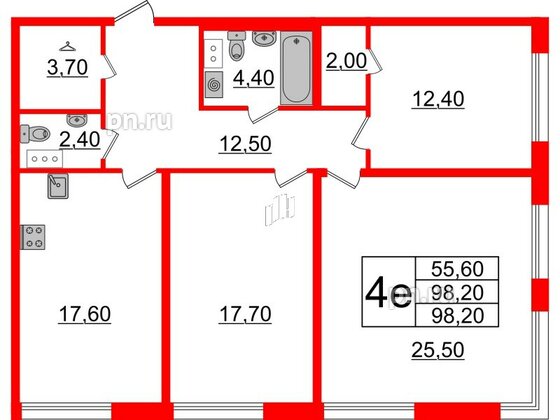 Квартира в ЖК Upoint на Пискарёвском, 3 комнатная, 98.2 м², 2 этаж