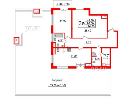 Квартира в ЖК Upoint на Пискарёвском, 2 комнатная, 144.3 м², 4 этаж