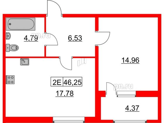 Квартира в ЖК Расцветай в Янино, 1 комнатная, 46.25 м², 3 этаж