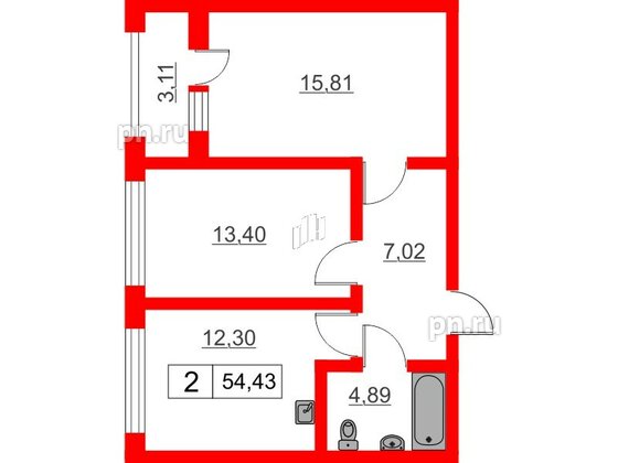 Квартира в ЖК Расцветай в Янино, 2 комнатная, 54.43 м², 8 этаж