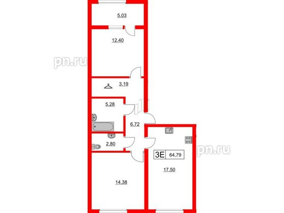 Квартира в ЖК Расцветай в Янино, 2 комнатная, 64.79 м², 1 этаж