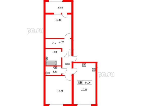 Квартира в ЖК Расцветай в Янино, 2 комнатная, 64.06 м², 6 этаж