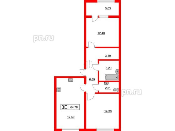 Квартира в ЖК Расцветай в Янино, 2 комнатная, 64.78 м², 1 этаж