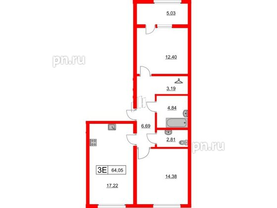 Квартира в ЖК Расцветай в Янино, 2 комнатная, 64.05 м², 3 этаж