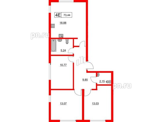 Квартира в ЖК Расцветай в Янино, 3 комнатная, 73.44 м², 1 этаж