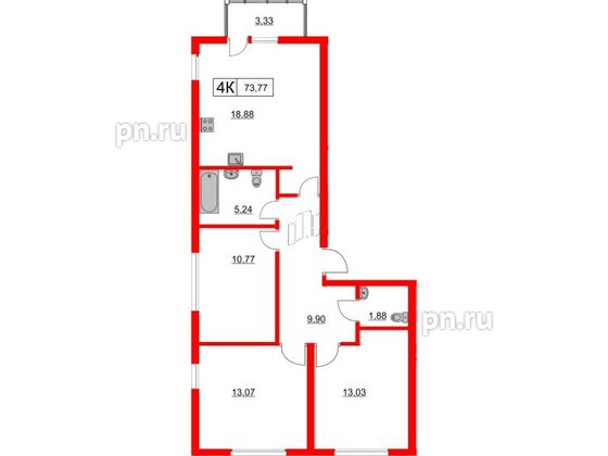 Квартира в ЖК Расцветай в Янино, 3 комнатная, 73.77 м², 11 этаж