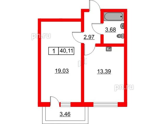 Квартира в ЖК Расцветай в Янино, 1 комнатная, 40.45 м², 2 этаж