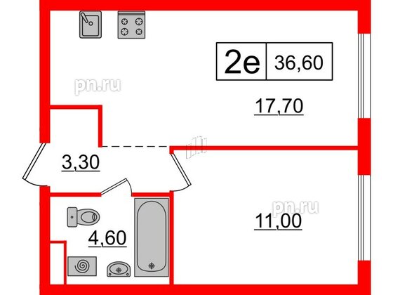 Квартира в ЖК Шкиперский, 19, 1 комнатная, 36.6 м², 8 этаж