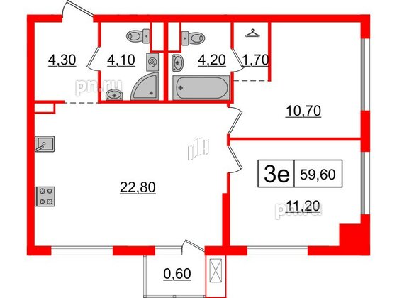 Квартира в ЖК Шкиперский, 19, 2 комнатная, 59.6 м², 7 этаж