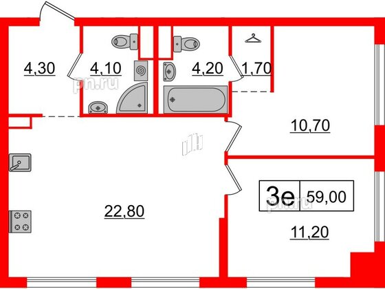 Квартира в ЖК Шкиперский, 19, 2 комнатная, 59 м², 10 этаж