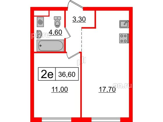 Квартира в ЖК Шкиперский, 19, 1 комнатная, 36.6 м², 11 этаж