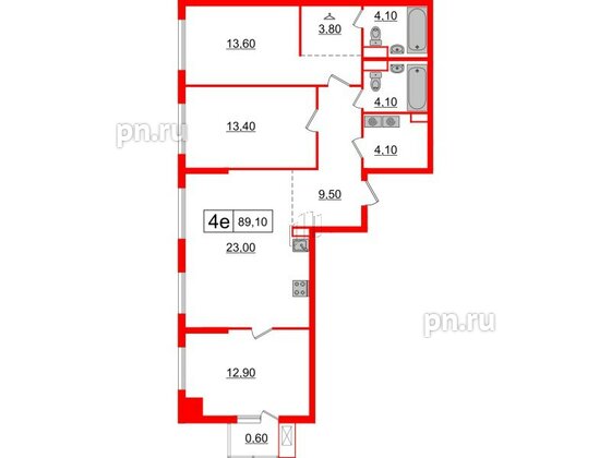 Квартира в ЖК Шкиперский, 19, 3 комнатная, 89.1 м², 7 этаж