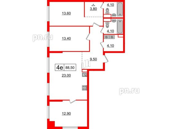 Квартира в ЖК Шкиперский, 19, 3 комнатная, 88.5 м², 12 этаж