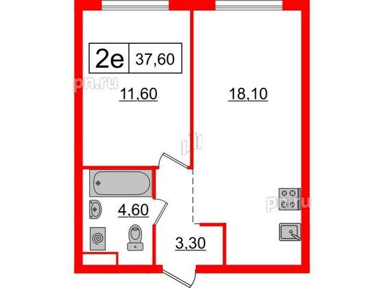 Квартира в ЖК Шкиперский, 19, 1 комнатная, 37.6 м², 12 этаж