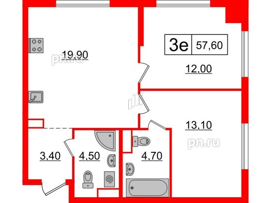 Квартира в ЖК Шкиперский, 19, 2 комнатная, 57.6 м², 12 этаж